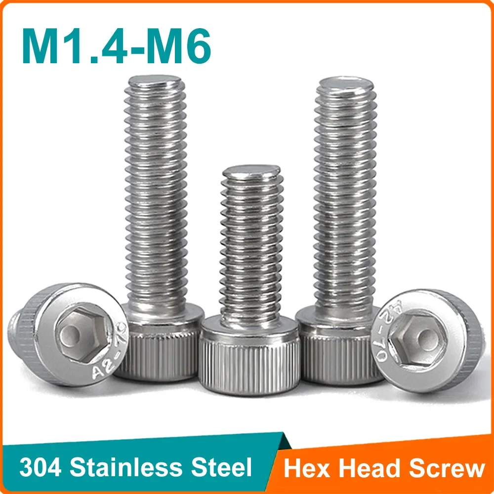 10-100pcs 304 A2-70 Stainless Steel M1.4 M1.6 M2 M3 M4 M5 M6 Hexagon Hex Socket Cap Allen Head Bolt Screw DIN912