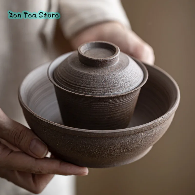 Rock Mud Hand Made To Huai Lid Bowl Rough Pottery Home Hospitality Tea Bowl Pot Imitation Ancient Tea Dispenser Teacups