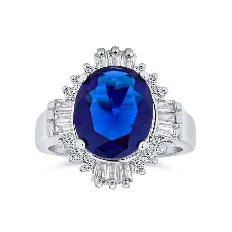 

Luxury Royal Style Blue Sapphire Engagement Ring Rhodium Plated Sterling Silver Cute Party Wedding Gift for Women CMA Certified