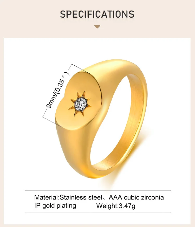 Sunshine Signet Pinky Ring aus Edelstahl, Zirkonia-Inlay-Ring vergoldet, nicht anlaufender Modeschmuck – Detail 3
