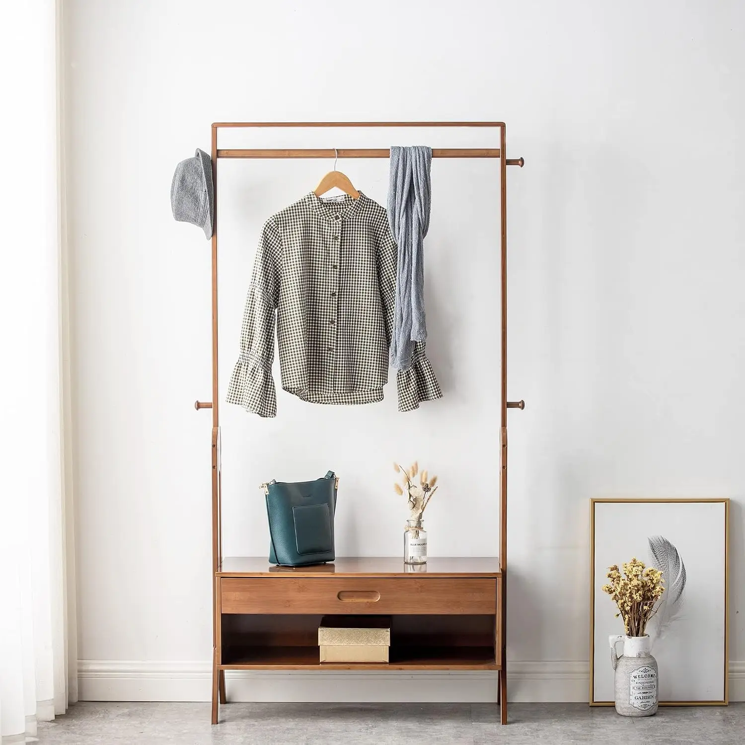 Freestanding Wooden Coat Rack With Seat Storage Drawer & Hooks For Coats Jackets Hats Bags Umbrellas 32.9x13x66.5in, Customized