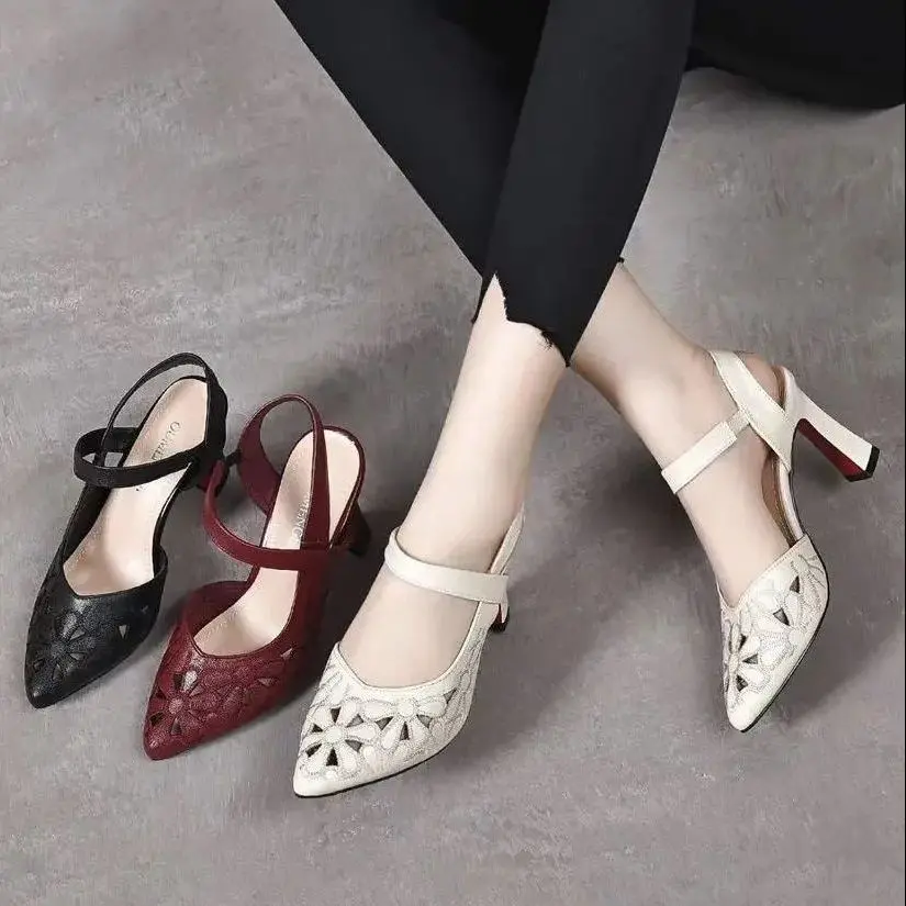 Ladies Shoes Pointed Toe Sandals for Women Block Heel Pumps Footwear Outdoor Red Heeled High Heels Summer 2024 Chunky Thick Sale