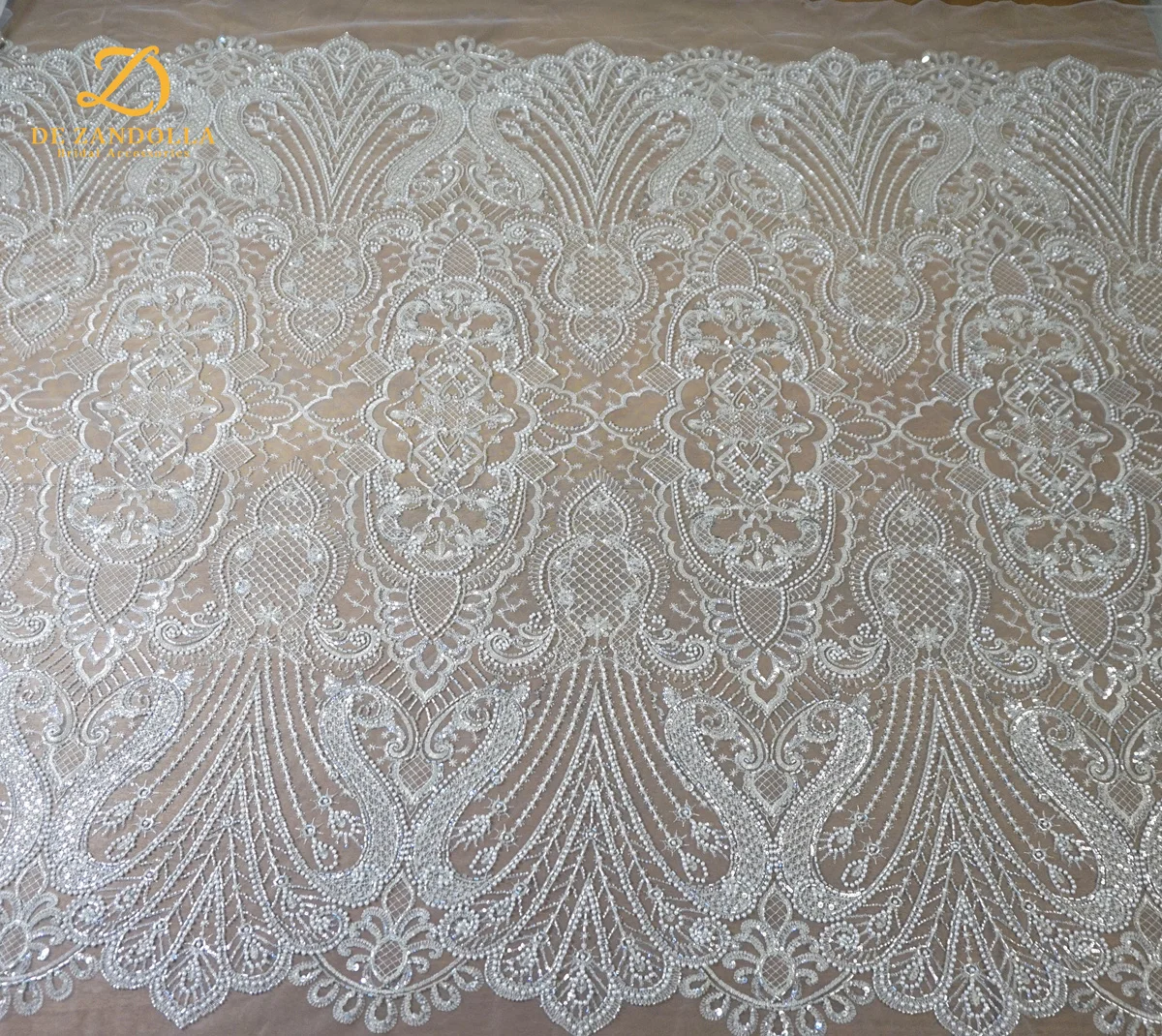 1 Yard Silver Bridal Dress Lace Fabrics Pearls Sequins Tulle Embroidery Width 120cm Party Gowns Lace  with Beads  Accessories