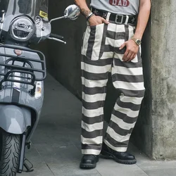 Non Stock Horizontal Stripes Prisoner Pants Vintage Motorcycle Rider Overalls