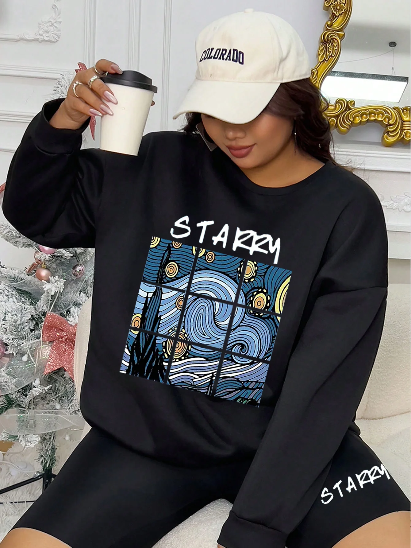 Crewneck sweatshirt and casual yoga shorts printed with fashion comics 2 sets, women's comfortable sportswear for women