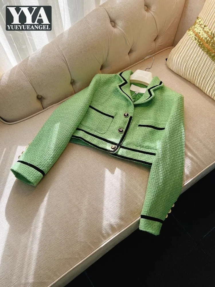 Fashion Ladies Spring Autumn Tweed Jacket Single Breasted Slim Fit Elegant Green Long Sleeve Women Short Coat Customized 10 Days