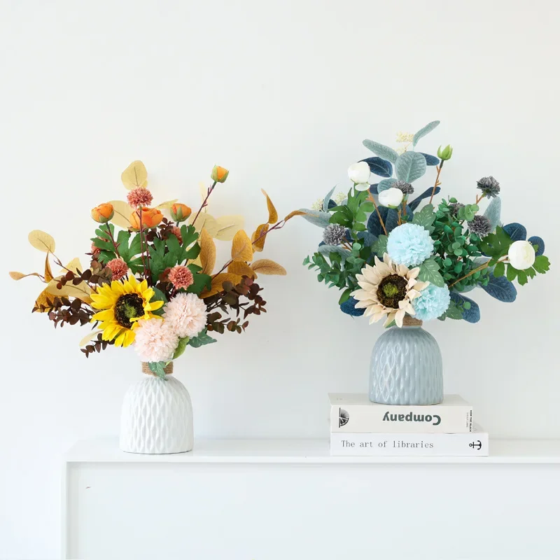 Nieuwe Productideeën 2023 Gesimuleerde Chrysanthemum Zonnebloem Eucalyptus Kunstbloemen Boeket Bruiloftsdecoratie Huisdecor