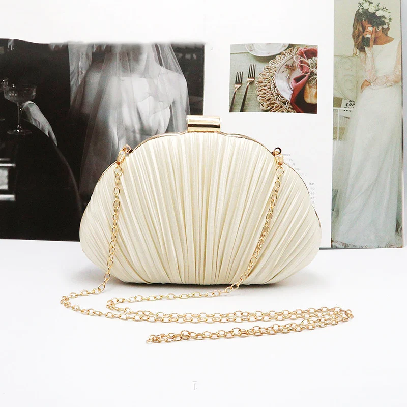 

New Shell Evening Bags Fashion Banquet Pleated Clutch Bag Metal Buckle Women's Dinner Dress Party Cheongsam Chain Shoulder Bag