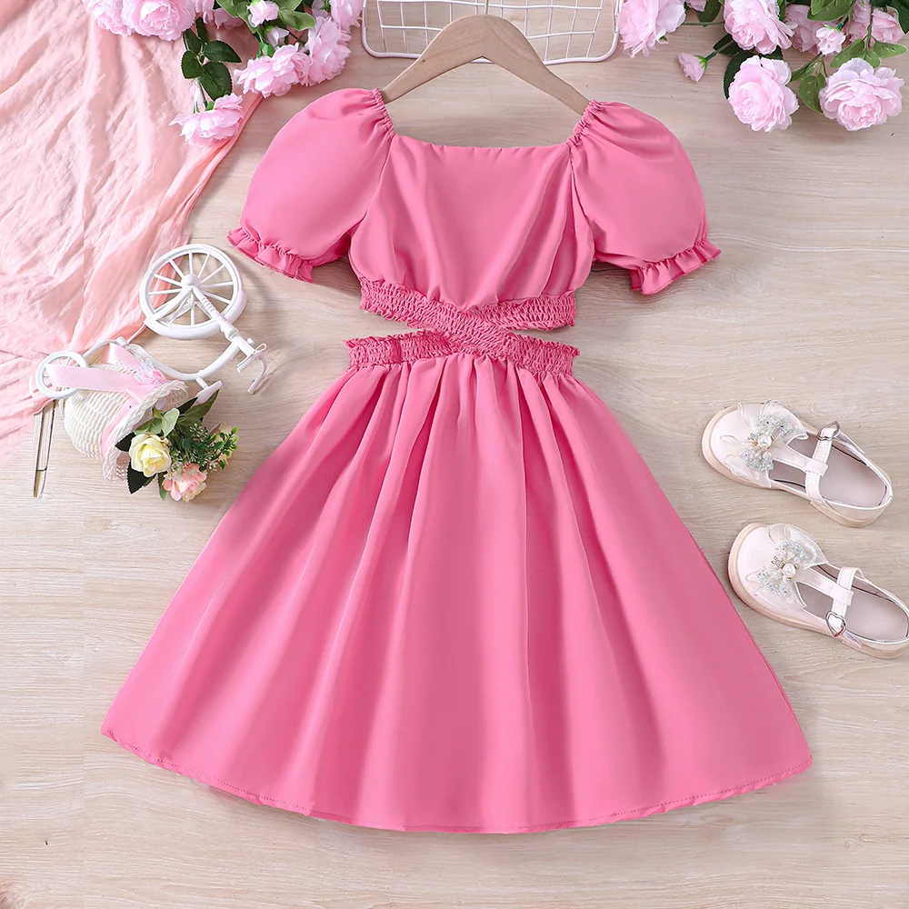 2024 Summer New Arrival Girls Short Sleeve Hollow Out Ruched Pink Designer Cute Party Princess Dress Custume 18M-6T