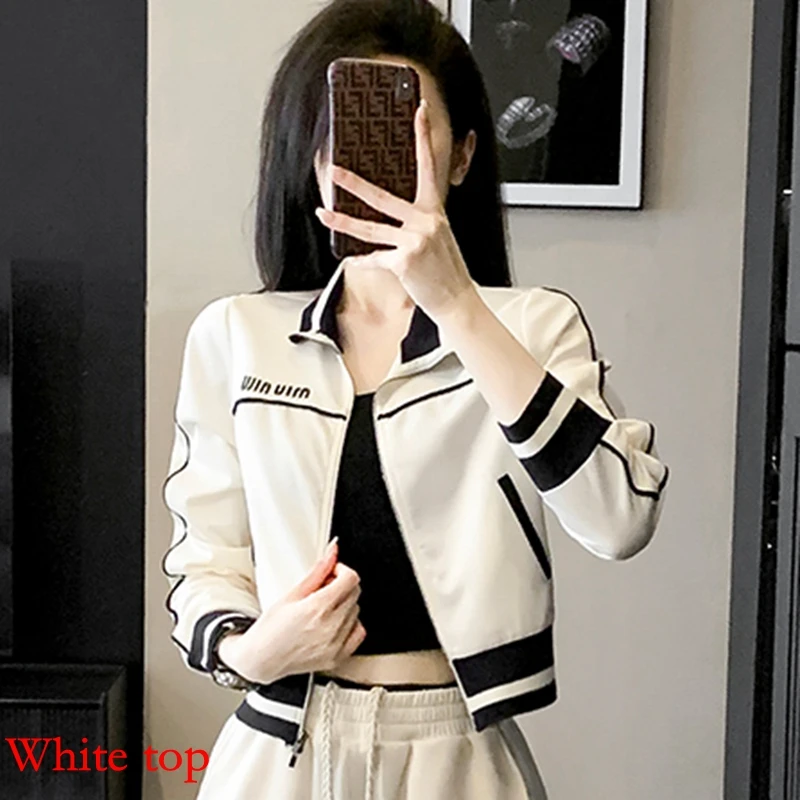 White Wide leg Pants Women\'s Spring and Autumn High Waisted Contrasting Color Baseball suit Casual Sports Single Piece Pants 2XL