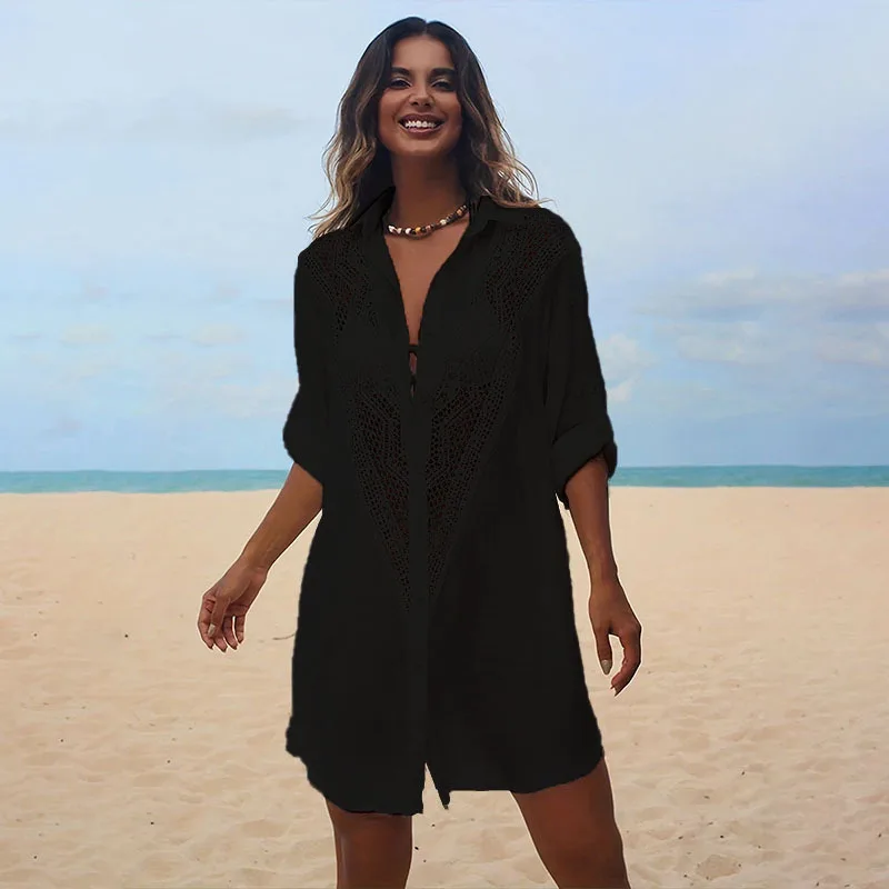 Robe de plage en dentelle ajourée à manches longues pour femmes, cover-up pour bikini, chemise sexy décontractée, maillots de bain féminins