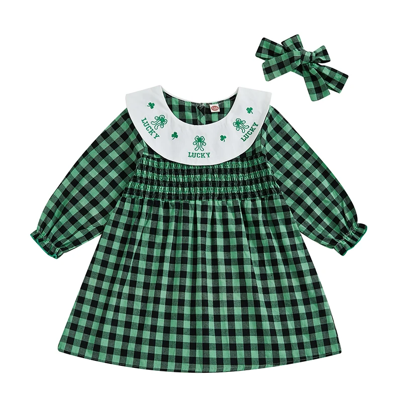 Little Girl Plaid Dress Clover Embroidery Shirred Doll Collar Long Sleeve A-line Dress with Bow Headband 2 Pcs Set