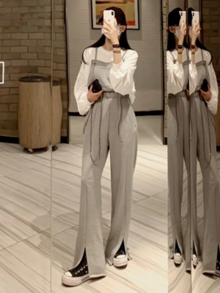 

Chic Vintage Age-Defng Square-Need Jumpsuit with Adjustable Straps Large ket Design Split Long Pants for Women