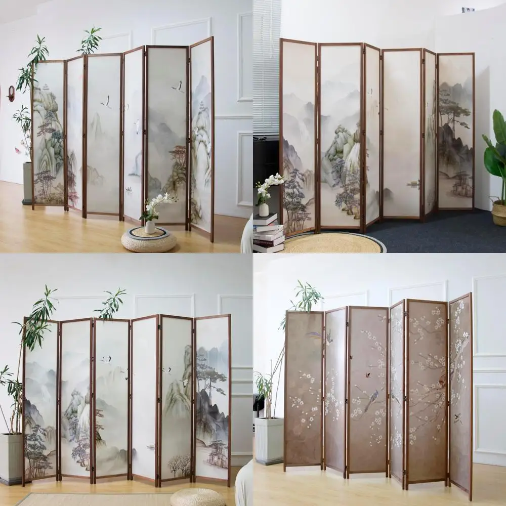 Folding 6 Panel Double-Sided Room Divider with Mountain and Water Landscape for Space Separation