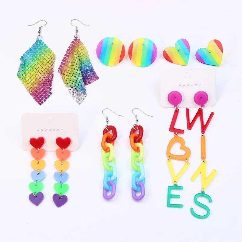 6 Fashion Rainbow Drop Earrings Colorful Love Heart  Chain Long Dangle Earring for Women Men Bar Party Friend Stud Jewelry Gifts