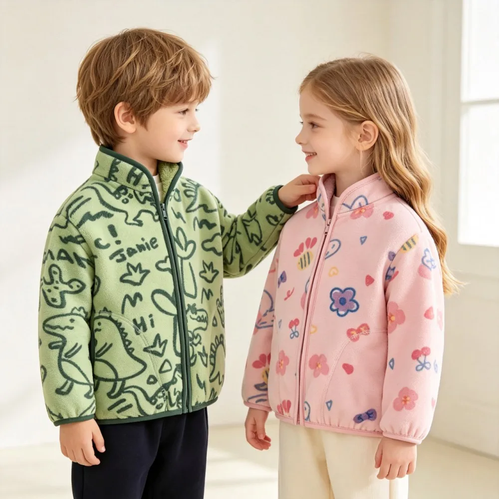 Children's Fleece Coats Winter Warm Soft Cozy Boys Dinosaur Truck Print Jackets Girls Flowers Cute Lovely Outwear Kids Clothes