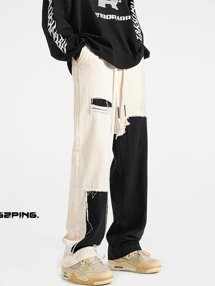 

Cool Sle Men's Casual Pants Bla White Splicing Hole Design American High Street Vibe Loose Fit Straight Leg Trousers