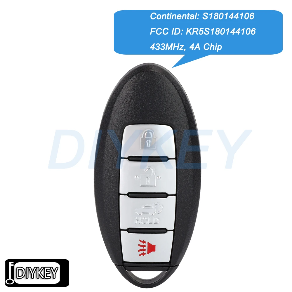 4 Buttons Smart Remote Car Key Fob 433MHz 4A Chip for Nissan Rogue 2014-2018 X-Trail 2014-2016 S180144106 FCC ID: KR5S180144106