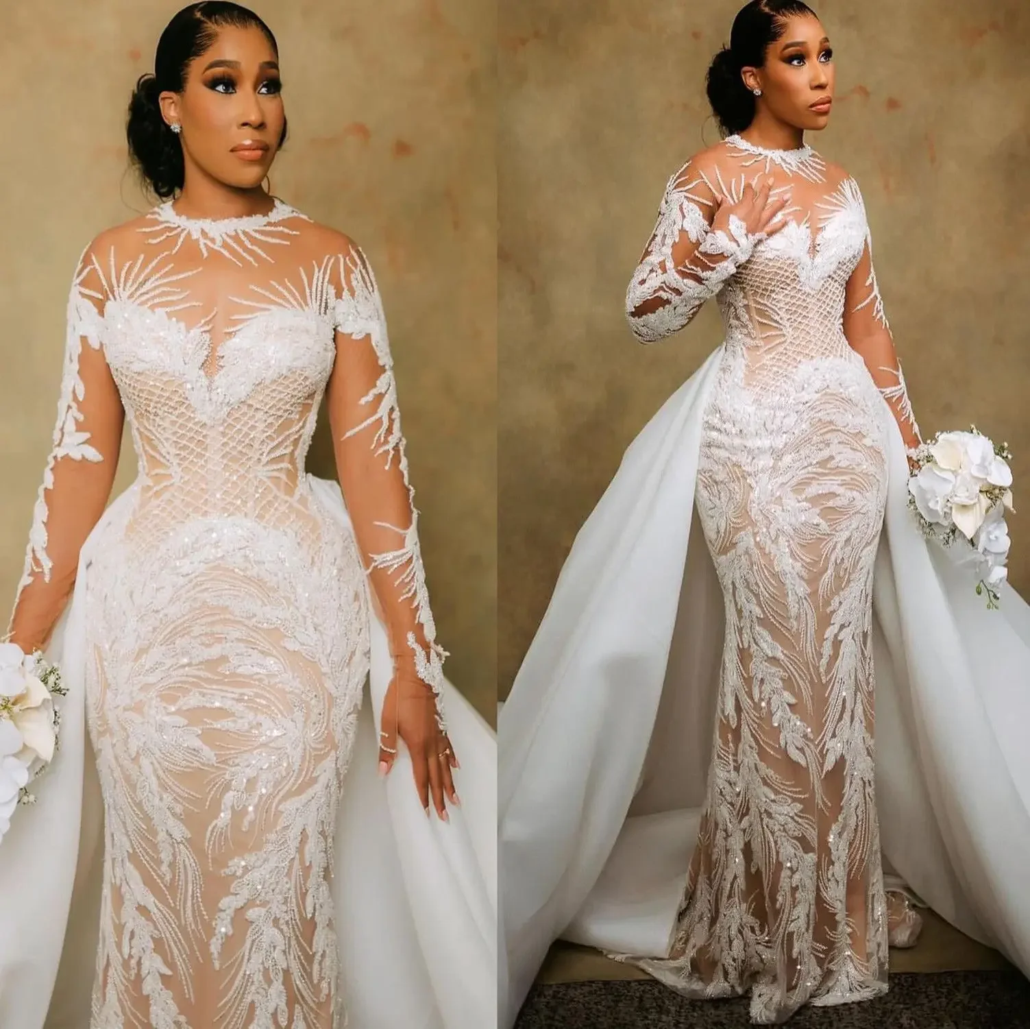 Customized Arabic Aso Ebi Plus Size Illusion Mermaid Ivory Wedding Dress Beaded Sequined Lace Bridal Gowns Dresses