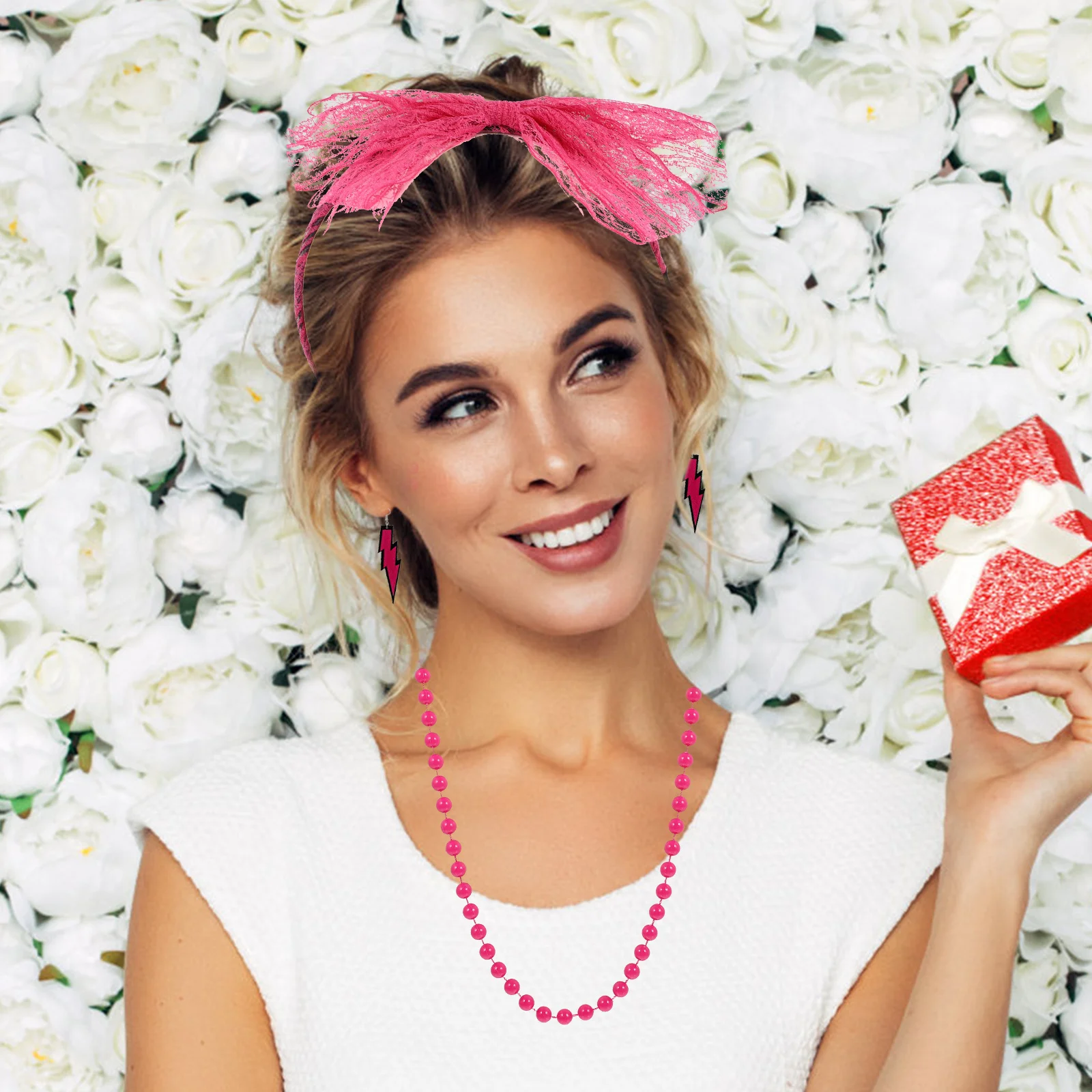 1 Set Cloth Party Hairband Gloves Retro Style Durable Earrings Necklace For Themed Parties Neon Party Wear Women Costume Prop