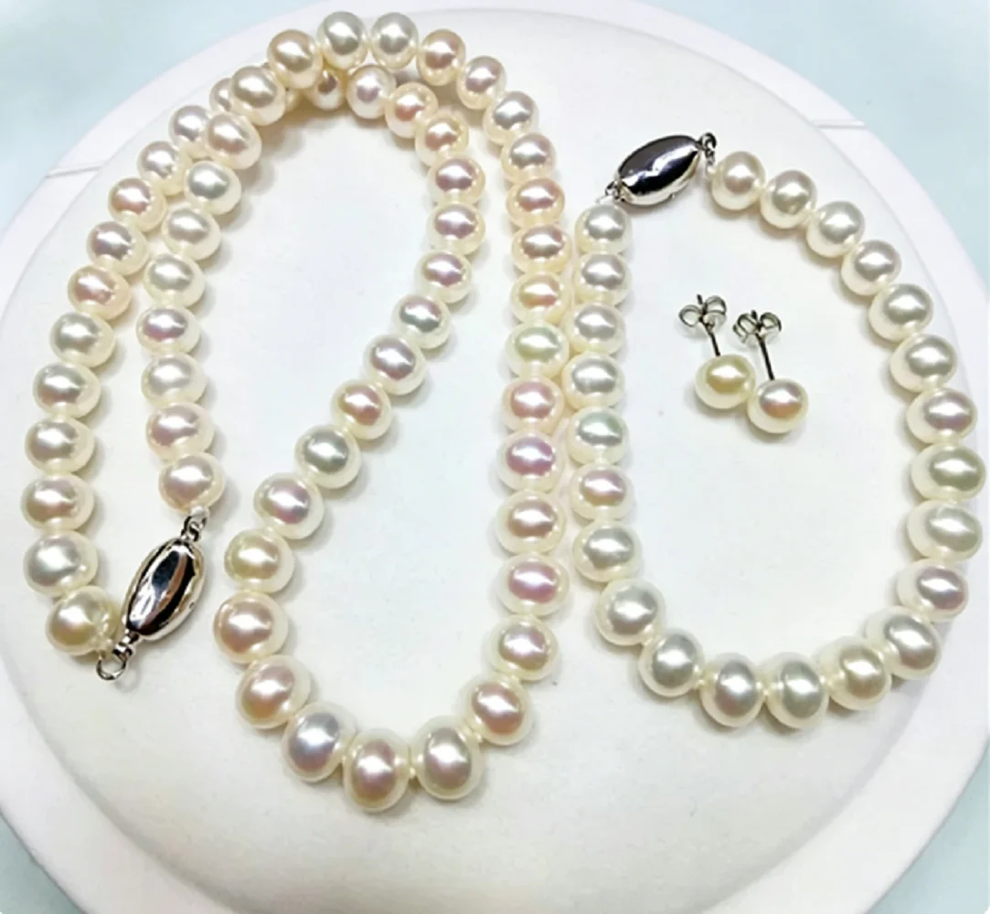 Gorgeous Necklace AAAA 7-8mm/8-9mm Natural White Pearl Necklace 18 Inch + Bracelet 7.5-8 Inch Earrings 925 Sets view 5