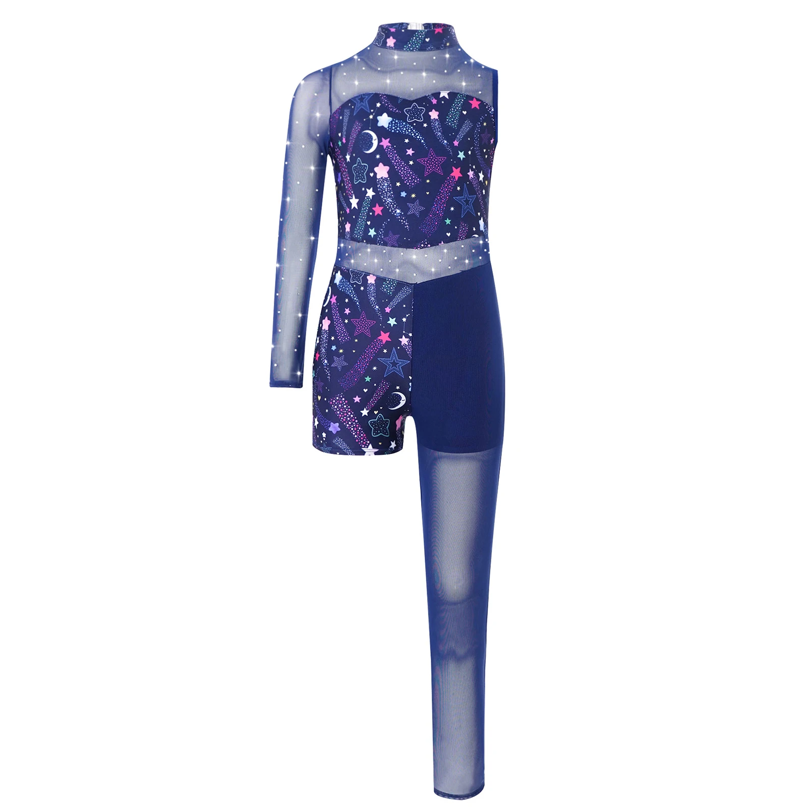 Kids Girls Gymnastic Leotard Ballet Dance Figure Skating Acrobatics Costume Rhinestones Sheer Mesh Printed Asymmetrical Bodysuit