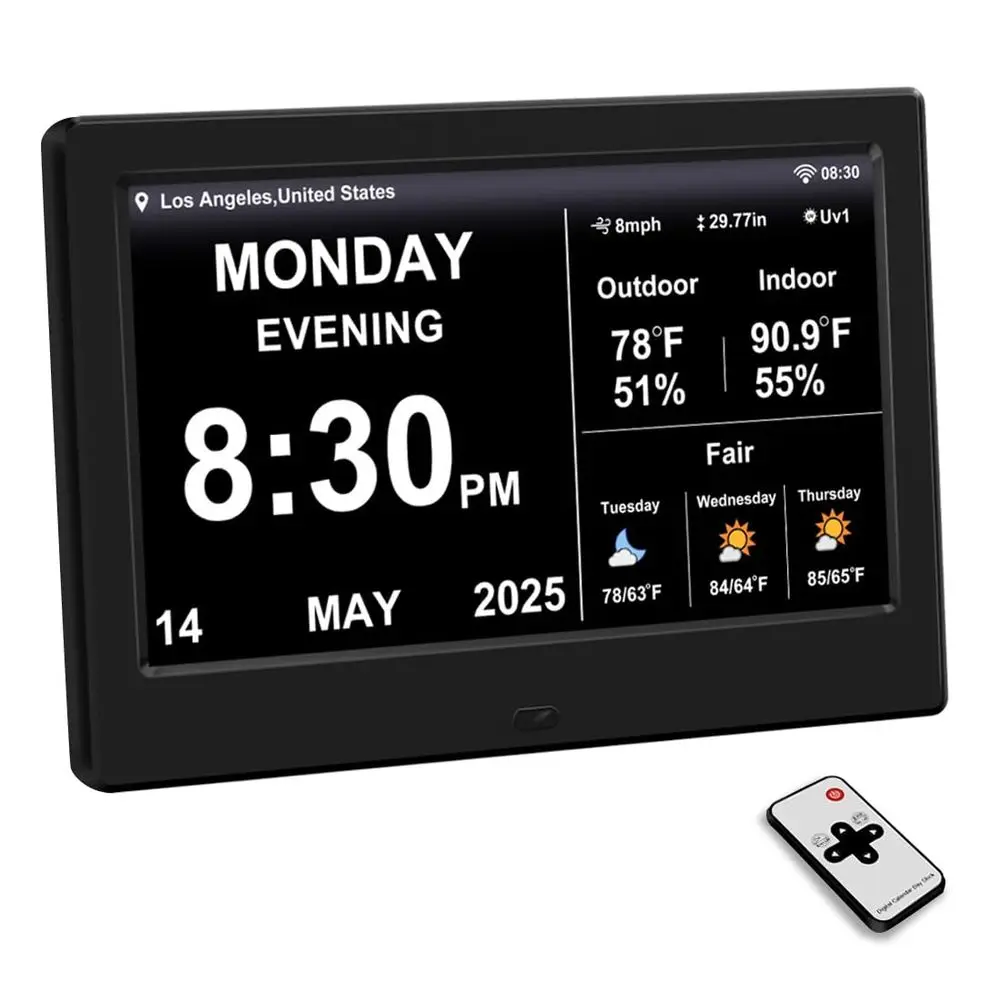 

7-Inch Digital Clock with Temperature, Weather Forecast, Auto Time Sync, Alarms & Medication Reminders for Elderly Use