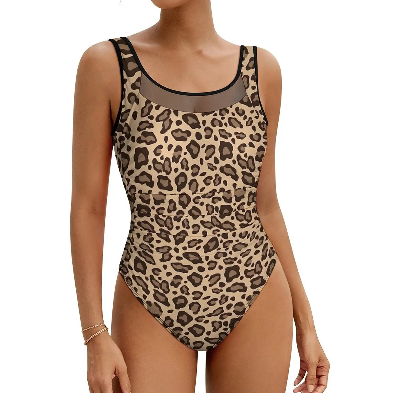 Boho Beige And Brown Leopard Print Swimsuit Sexy  One-Piece Swimwear Push Up Swimsuits Novelty Vacation Bath Beach Wear