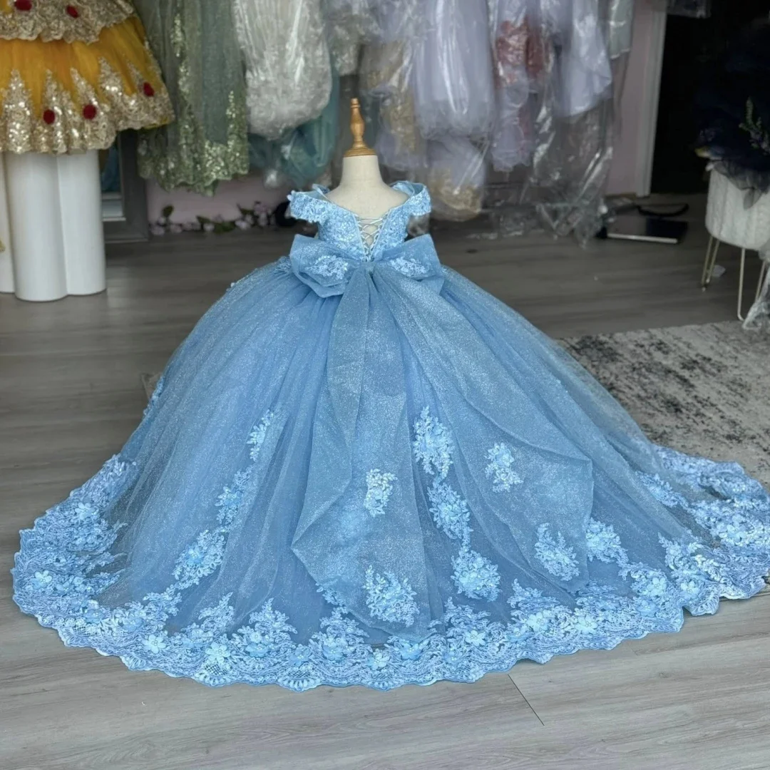 Customized Blue Flower Girl Dress For Wedding Floor Length Appliques Sequins With Bow Luxury First Communion Banquet Ball Gown