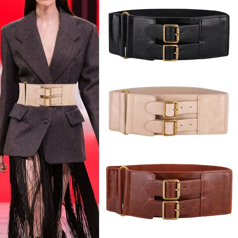 Luxury Ladies Double Breasted Wide Belt Elastic Vintage Buckle Leather Wide Fashion Women\'s Waist Seal Belt Slimming Body Belts