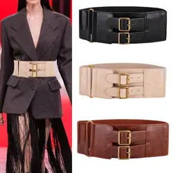 Luxury Ladies Double Breasted Wide Belt Elastic Vintage Buckle Leather Wide Fashion Women's Waist Seal Belt Slimming Body Belts