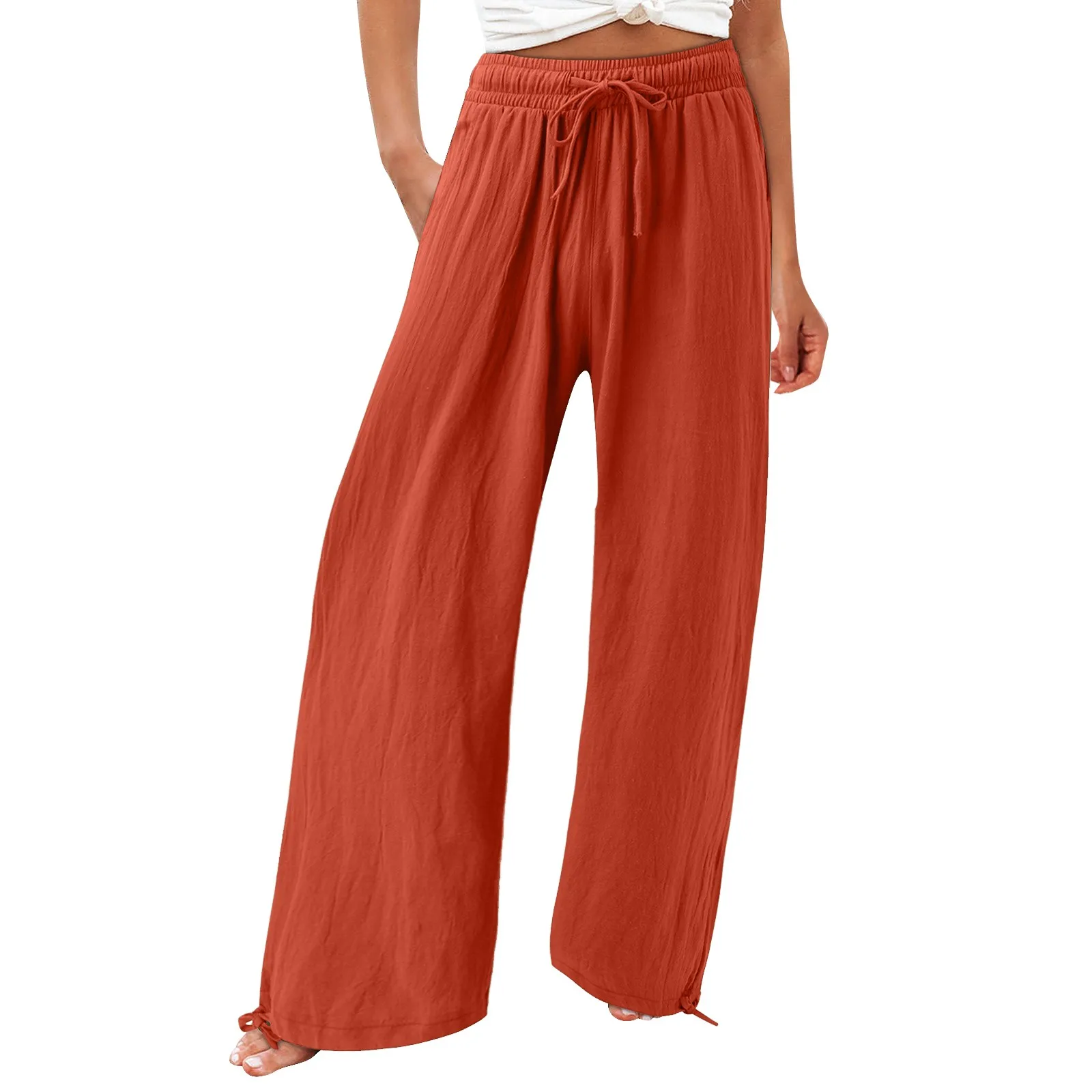 

Summer Women's 9-pant Casual Loose Trousers High Waist Cotton Linen Breathable Pants Wide Leg Long Pants With Pockets