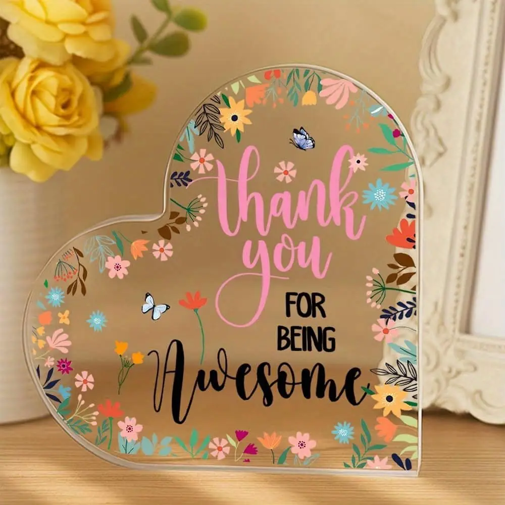 Multicolor Wildflower Butterfly Clear Acrylic Heart Plaque, Appreciation Table Present for Friend Colleague