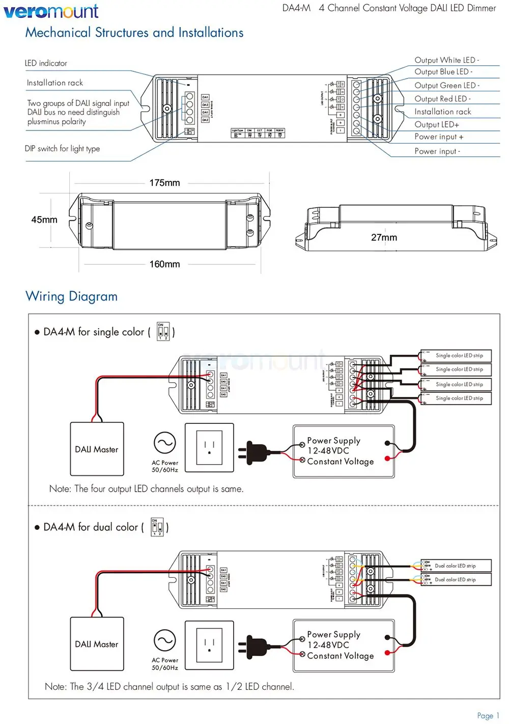 Skydance DA4-M DALI LED Dimmer 12V 24V 5A 4 Channel PWM Dimming Controller for Single Dual White RGB RGBW Color Led Strip Light