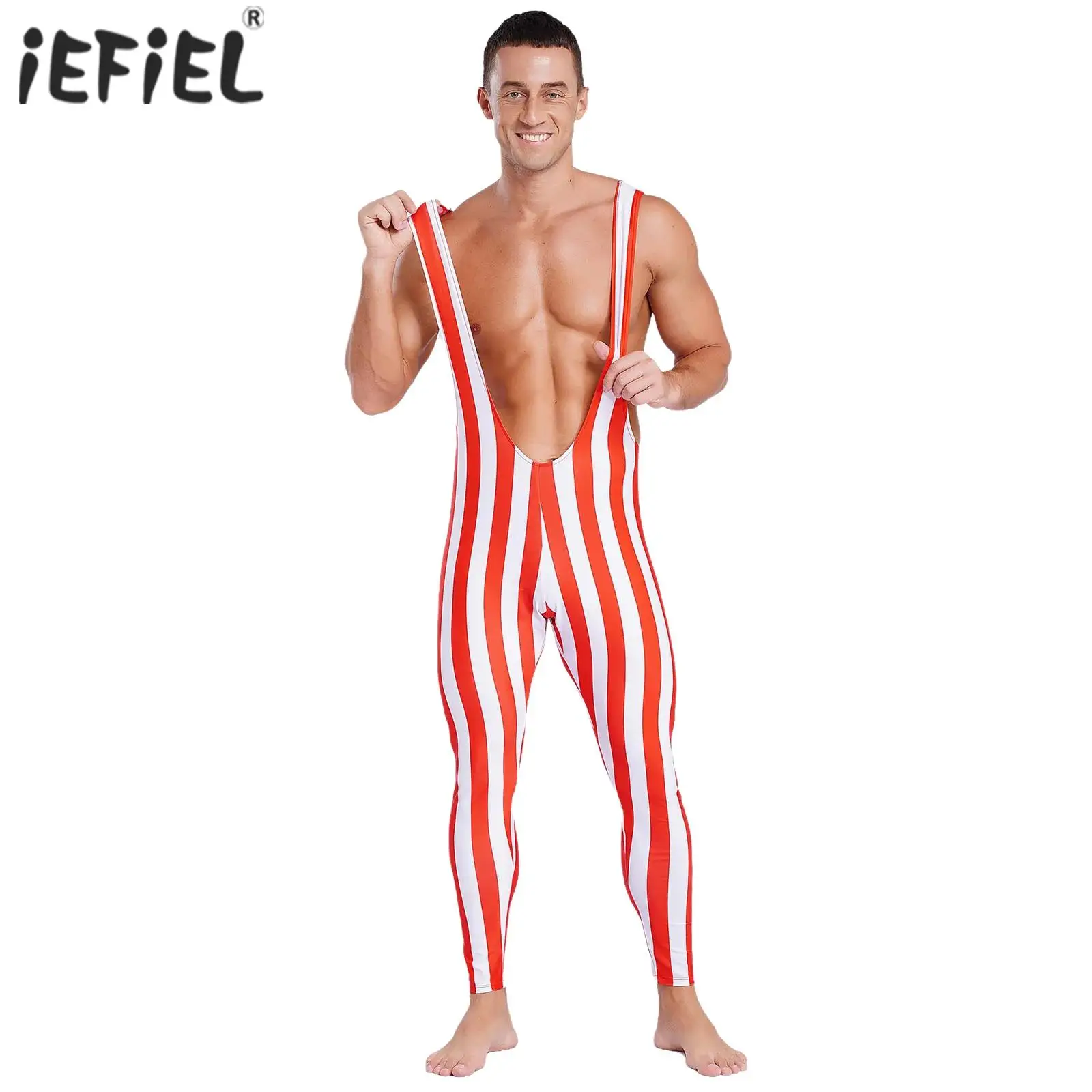 Mens Gymnastics Christmas Striped Santa Bodysuit Deep U Neck Showing Muscle One Piece Rompers Wresting Singlets Jumpsuit