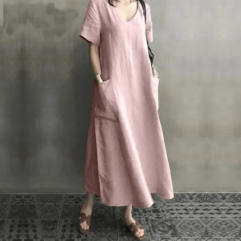 Summer Long Dresses for Women Short Sleeve Sexy Dress Cotton Linen Vintage Print Casual Loose Holiday Ladies Dress Women Clothes