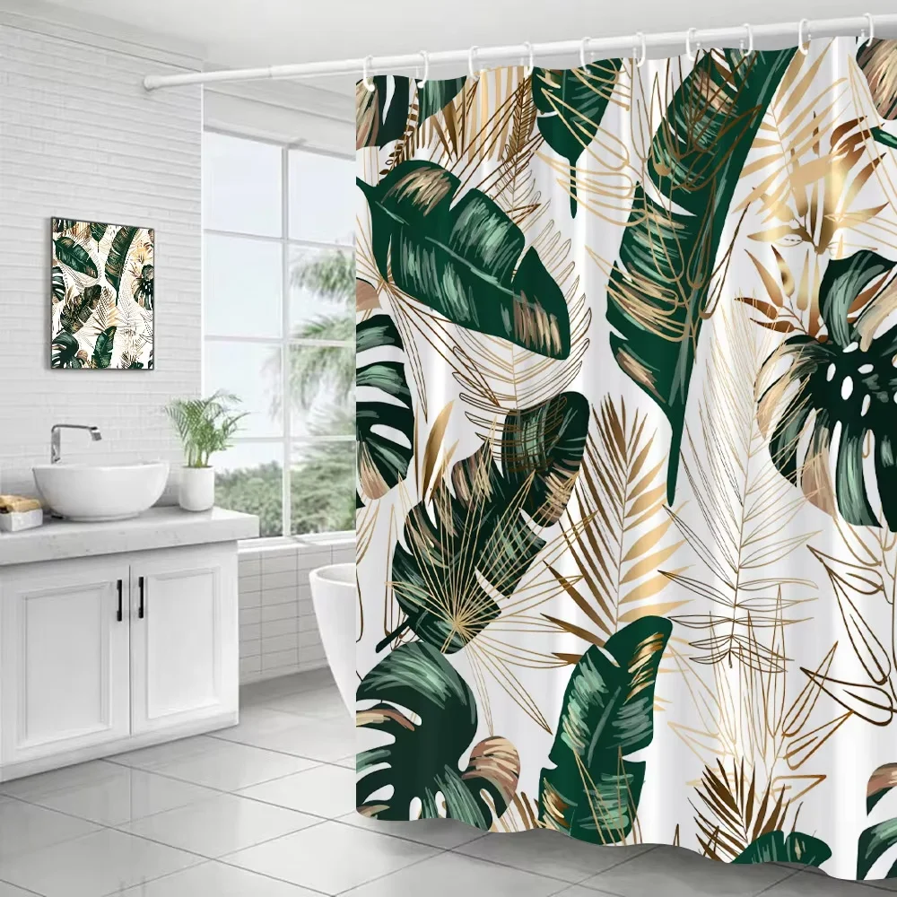 Tropical Leaves Shower Curtains Black Gold Leaves Green Leaf Botanical Jungle Palm Monstera Bathroom Curtains Bath Fabric Decor