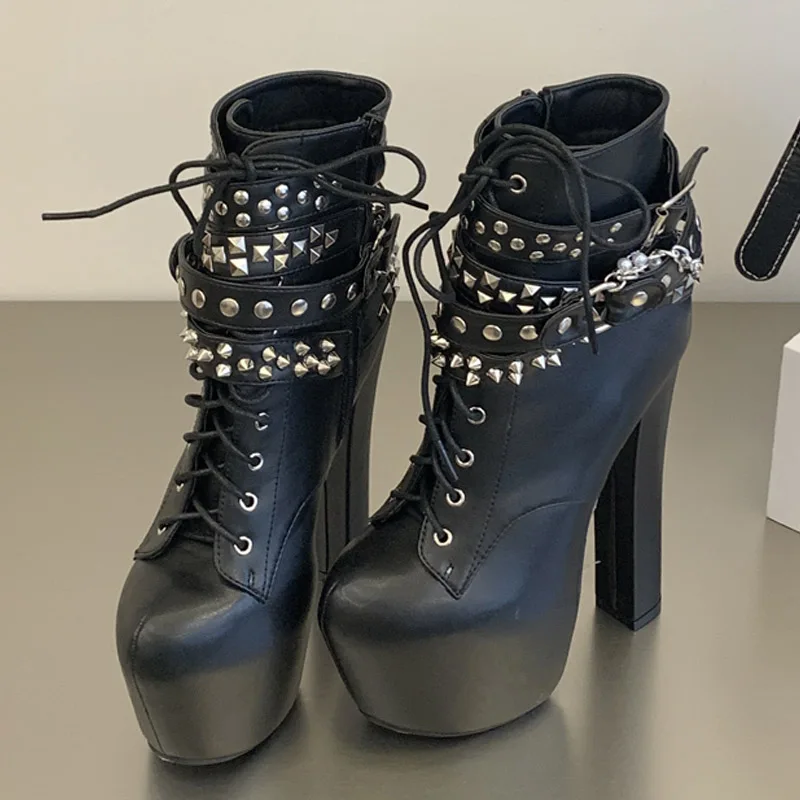 Eilyken Silver Chain Belt Buckle Platform Women Boots Fashion Chunky High Heels Round Toe Nightclub Zipper Shoes - view 2