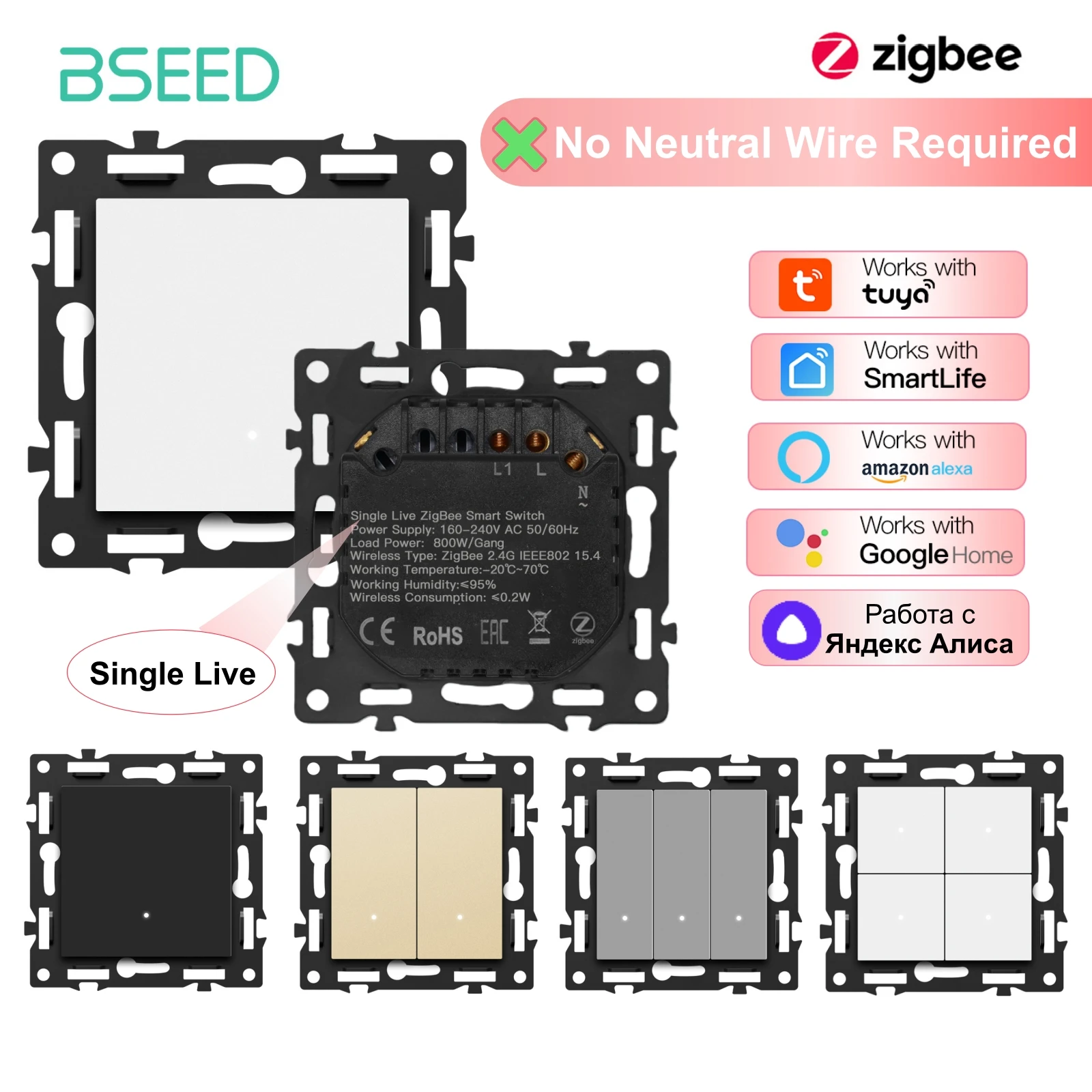 BSEED Zigbee-Schaltmodul ohne Neutralleiter, Smart-Steckdosen, DIY-Kombination, 86mm Glasrahmen, ST TV Cat6 Schlüssel