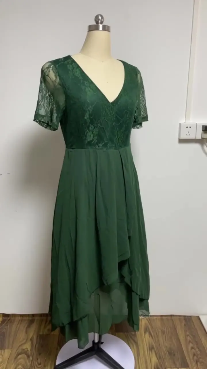 Blu Verde Abiti Prendisole Abito estivo da donna Elegante abito da festa Scollo a V Manica corta Abiti da sera in chiffon di pizzo Плаusе