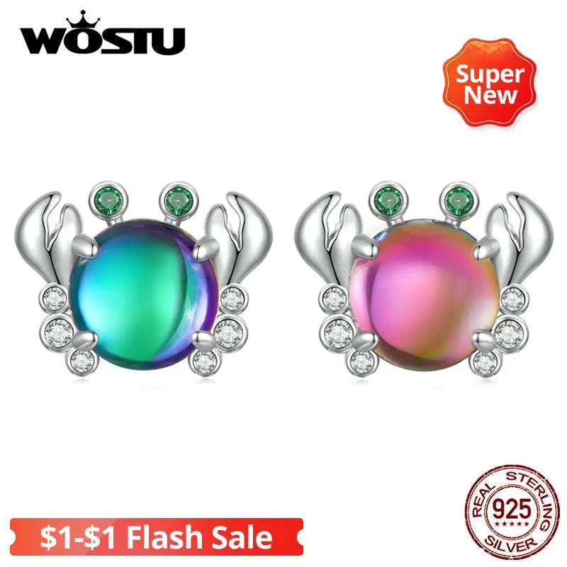 WOSTU 925 Sterling silver Cute Dazzling Crab Charm colourful Animal Beads For Women Fit DIY Bracelet Necklace Original Jewelry