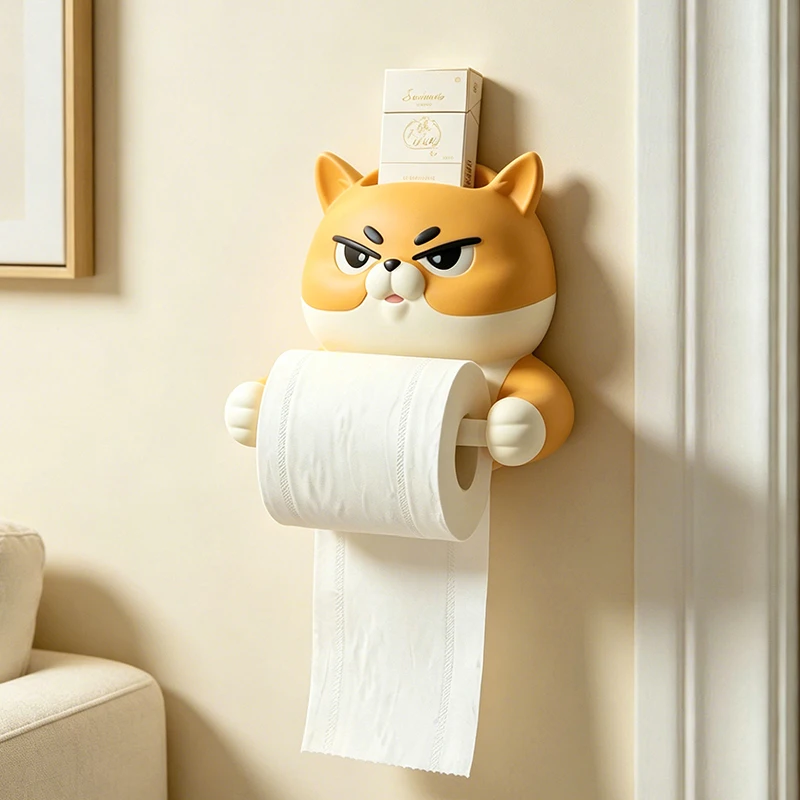 Ins Kawaii Angry Shiba Inu Wall Mount Tissue Roll Holder Resin Toilet Paper Dispenser with Phone Stand Bathroom Wall Decor Accents