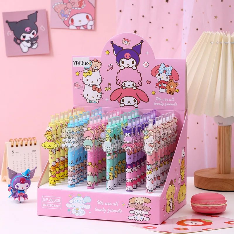 48pcs/lot Sanrio Kitty Pochacco Press Gel Pens For Writing Cinnamoroll 0.5mm Black Ink Neutral Pen Kids Gift School Supplies