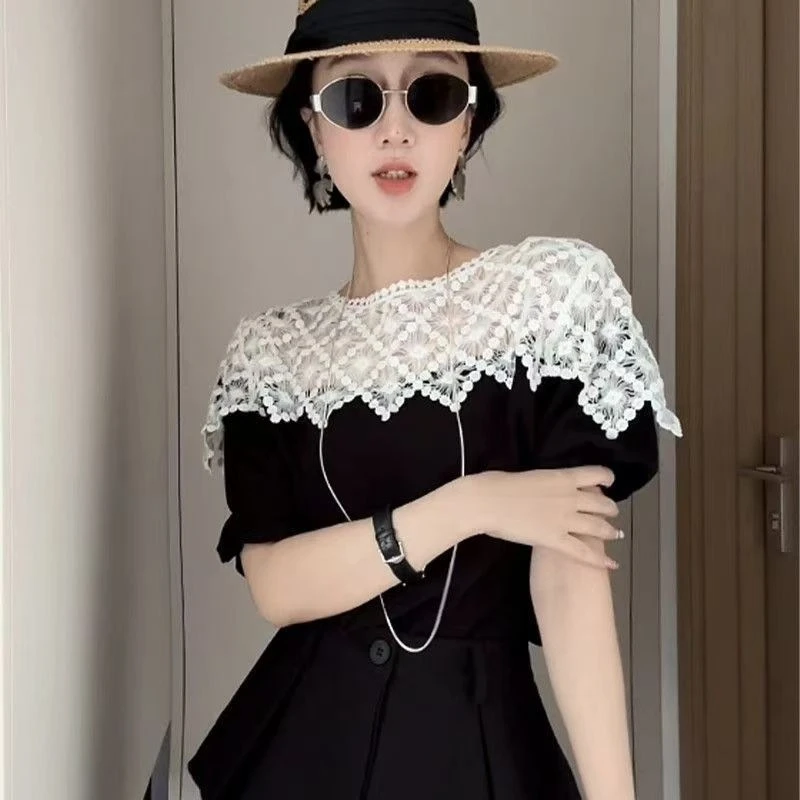

French Style Lace Blouse Side Draped Waist-Cinching Summer Women's Tops Trendy Fashion Outfit 2025 Arrival Casual Lace Shirts