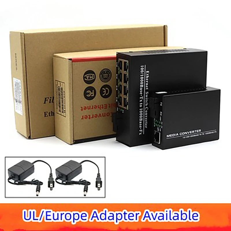 Gigabit Fiber Transceiver, SC 1 Fiber 8RJ45 + 1 RJ45, Singlemode, 10 m, 100 m, 1000m Media Converter, 20km, 1 Pair