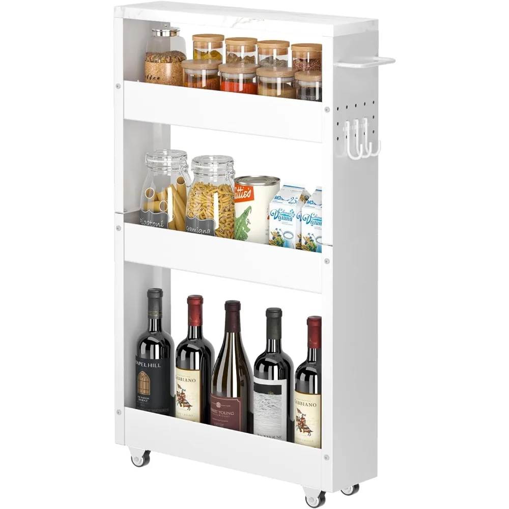 

Slim Storage Cart, 4-Tier Kitchen Rolling Cart Narrow Storage Cabinet with Handle & Wheels, Metal Rolling Shelf Unit for Laundry