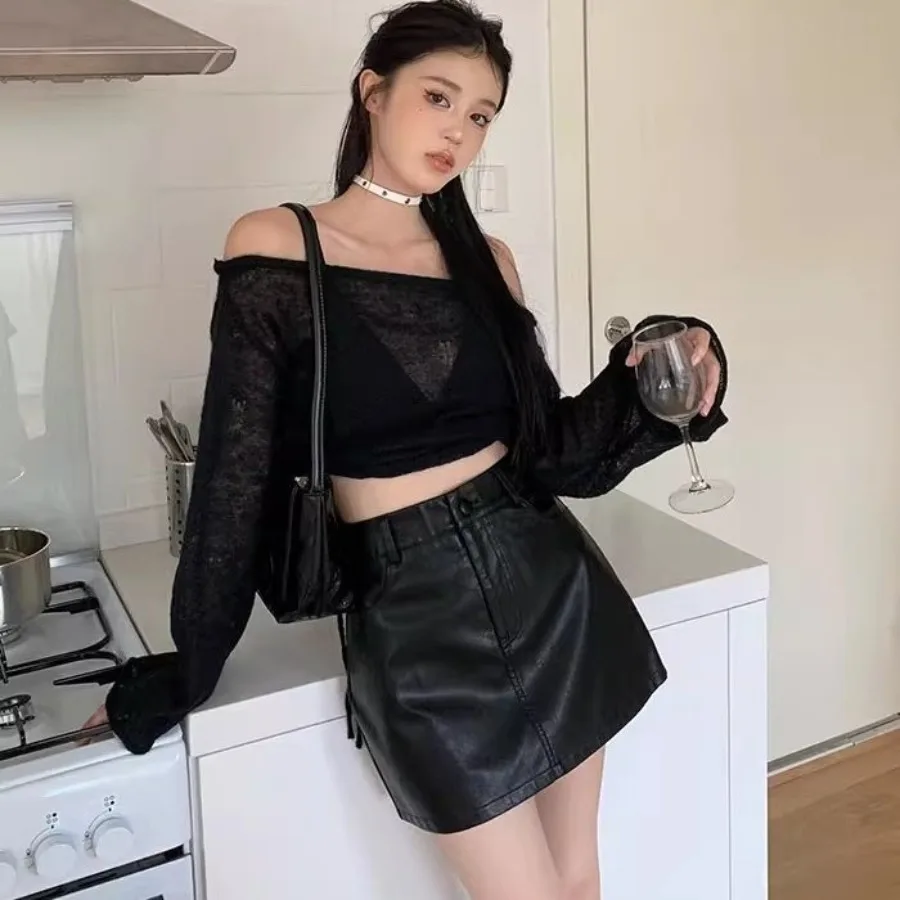 

【HOT】Korean black short leather skirt short skirt women's autumn and winter high waist A-shaped skirt step skirt PU leather sho