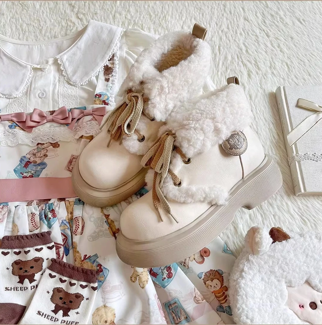 الخريف الشتاء الصوف مبطن الدافئة جولة تو سميكة سوليد أحذية بوت قصيرة الرجعية عارضة اليومية التنقل تنوعا الثلوج الأحذية للنساء #6