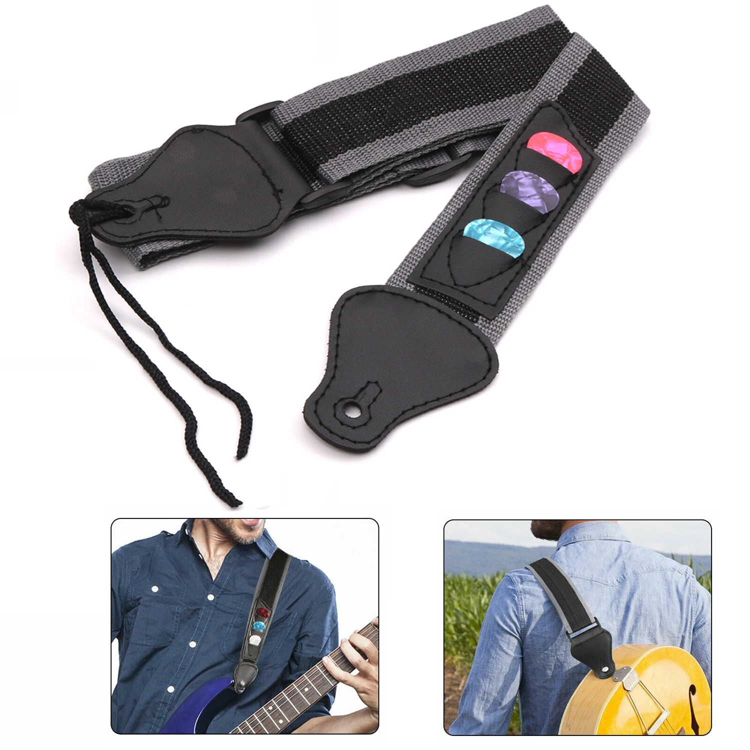 Adjustable Electric Guitar Bass Shoulder Strap with 3 Guitar Pick Holders Braided Nylon Belt PU Leather Ends Celluloid Picks