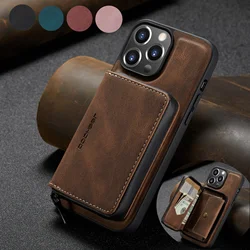 Retro Detachable Leather Case for IPhone 16 Pro Max 15 14 Plus 13 12 11 SE 2022 XS XR Wallet Cards Slot Zipper Purse Back Cover